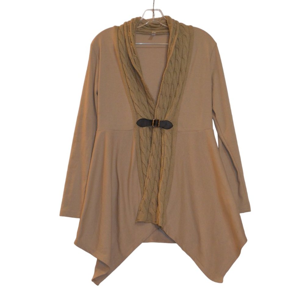 DRESSFO Cream Knit Collar Bottom Edge Faux Leather Fasten Long Sleeves  Wrap S
